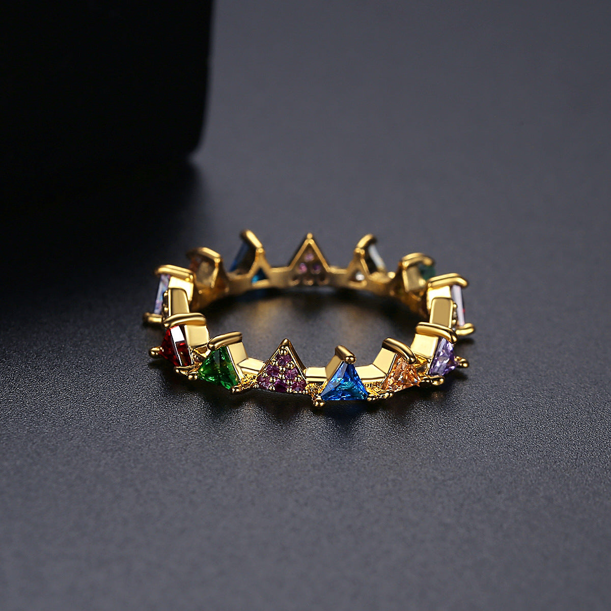 Crystal and 18K Gold-Plated Multicolor Triangle Band Ring, gold statement rings for women, detail close-up