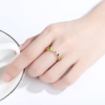 Crystal and 18K Gold-Plated Multicolor Triangle Band Ring, gold statement rings for women, botanical inspired, lifestyle look