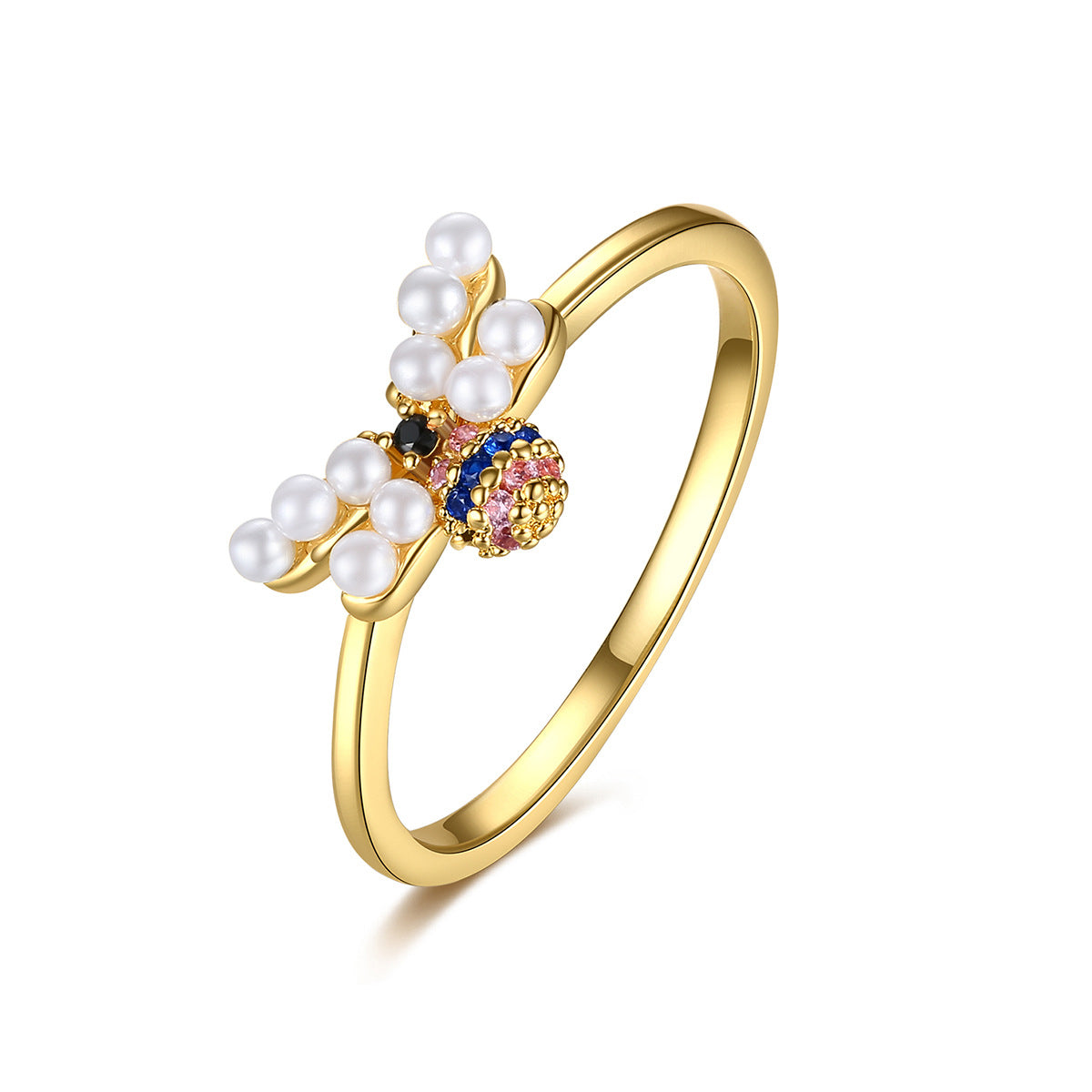 Pearl & Cubic Zirconia 18K Gold-Plated Bee Ring
