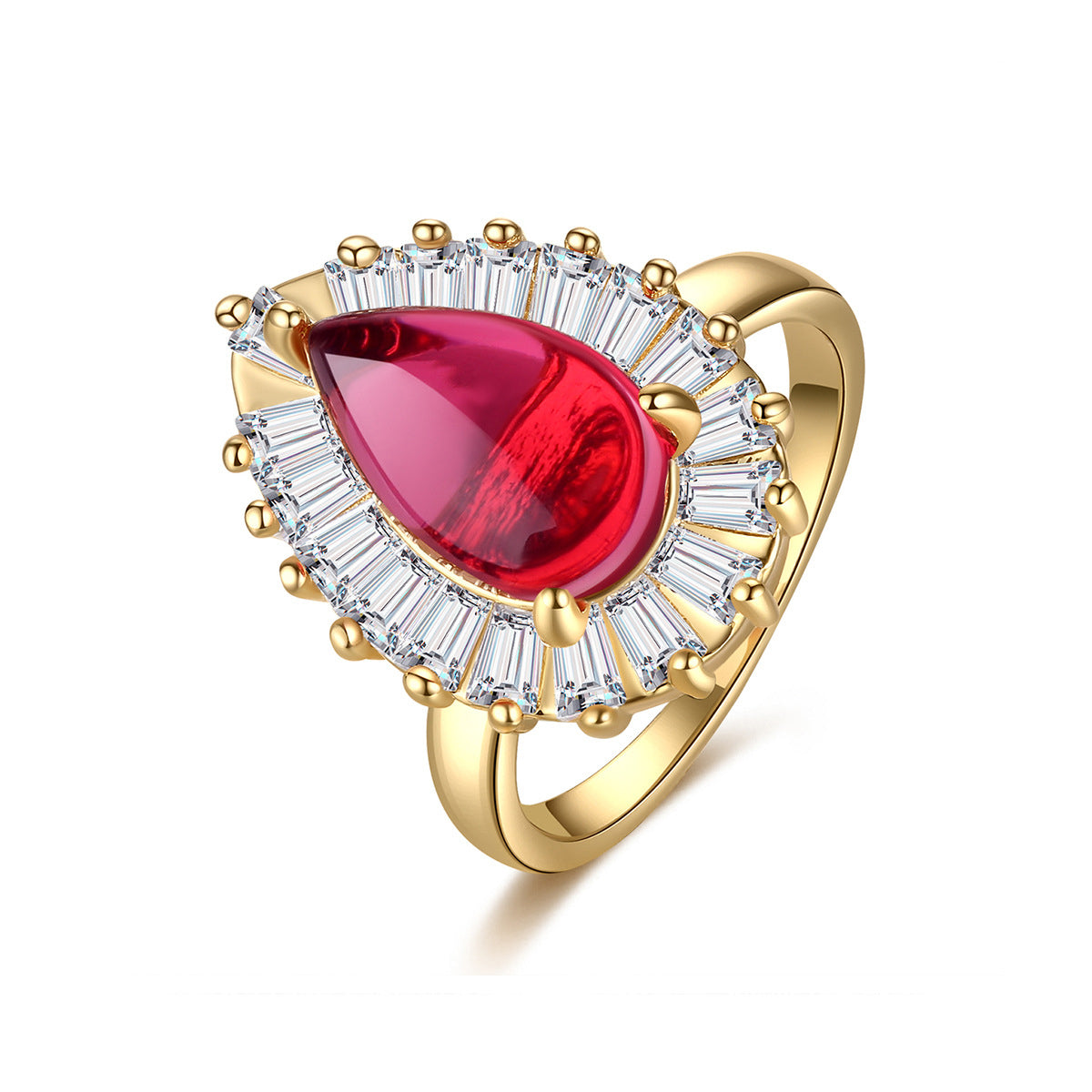 Red Crystal and 18K Gold-Plated Pear-Cut Ring, gold statement rings for women, vintage-inspired design, front view