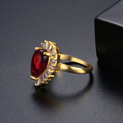 Red Crystal and 18K Gold-Plated Pear-Cut Ring, gold statement rings for women, vintage-inspired design, side view