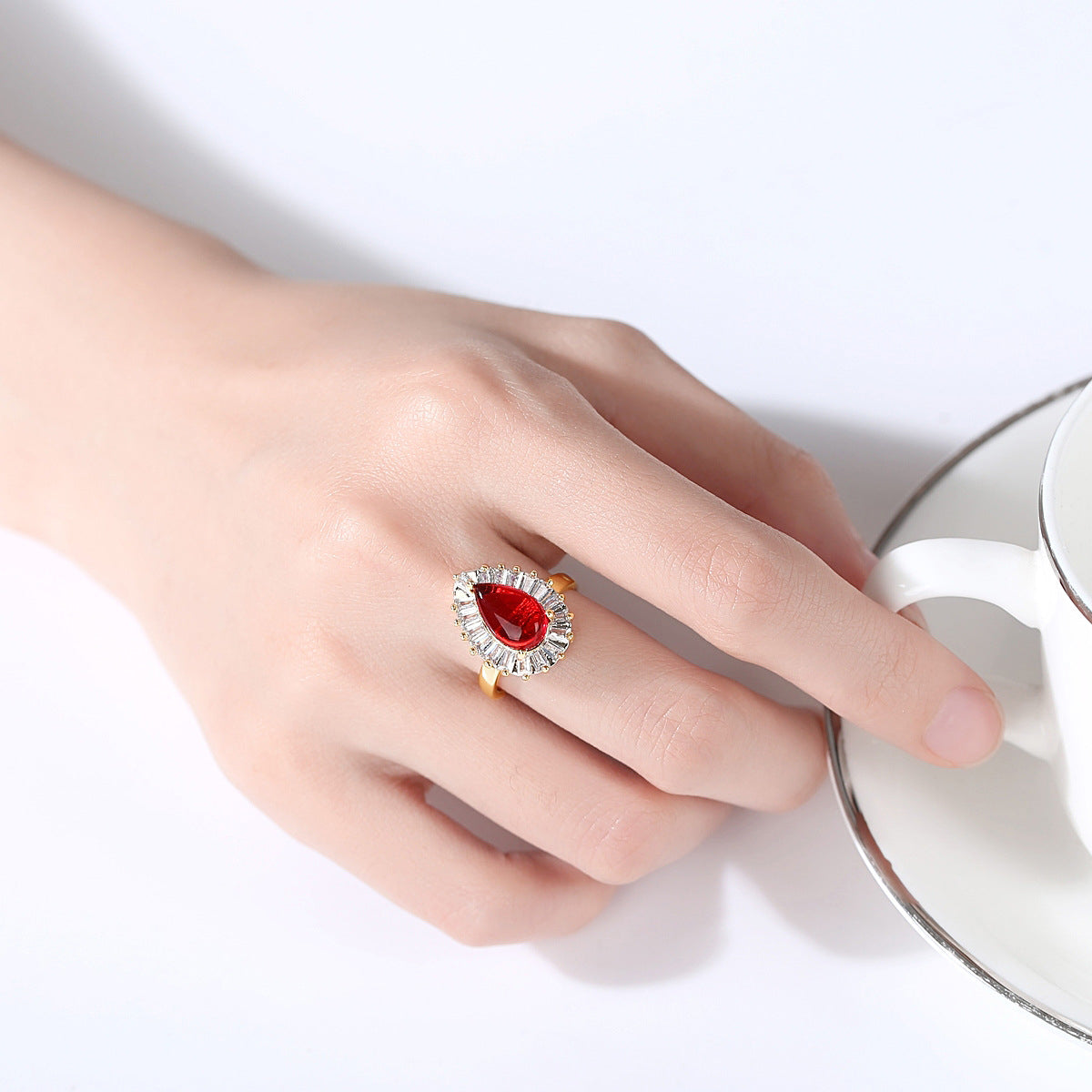 Red Crystal and 18K Gold-Plated Pear-Cut Ring, gold statement rings for women, vintage-inspired design, lifestyle look