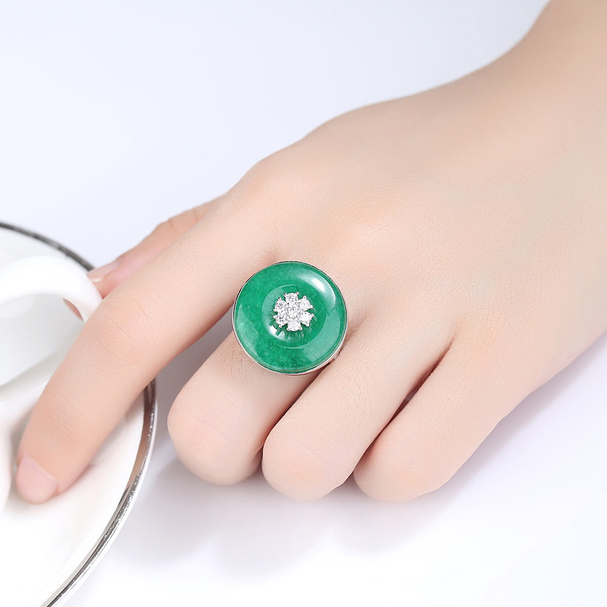 Cubic Zirconia and Green Quartz Flower Round Adjustable Ring, statement rings for women, dainty minimalist design, front view