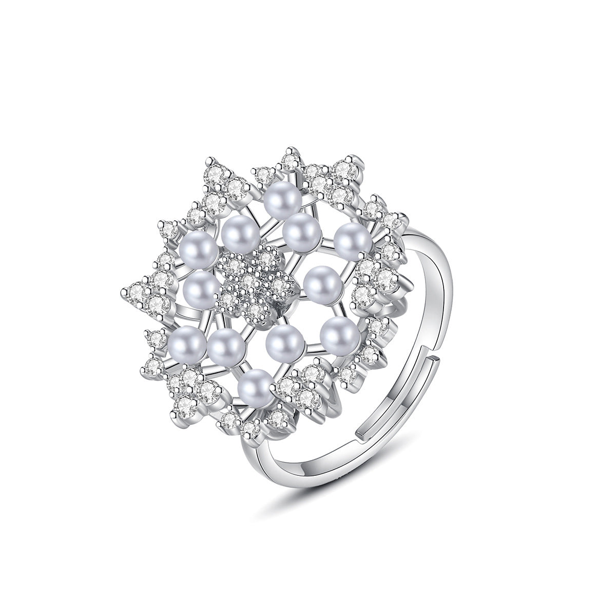 Cubic Zirconia and Pearl Silver-Plated Flower Adjustable Ring, silver statement rings for women, front view