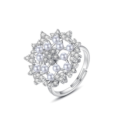 Cubic Zirconia and Pearl Silver-Plated Flower Adjustable Ring, silver statement rings for women, front view