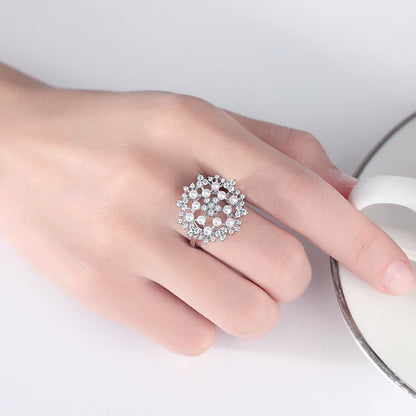 Cubic Zirconia and Pearl Silver-Plated Flower Adjustable Ring, silver statement rings for women, side view