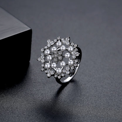 Cubic Zirconia and Pearl Silver-Plated Flower Adjustable Ring, silver statement rings for women, lifestyle look