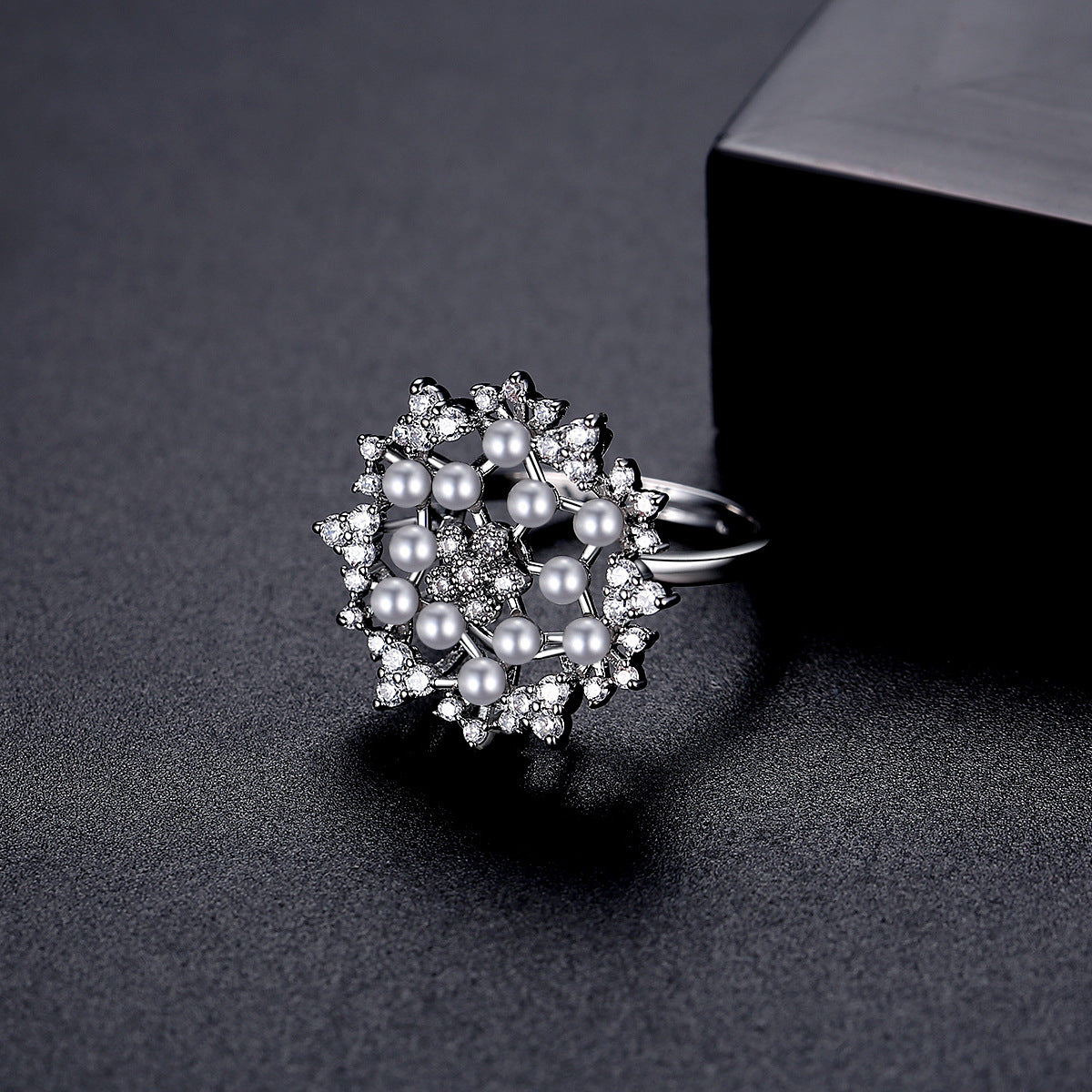 Cubic Zirconia and Pearl Silver-Plated Flower Adjustable Ring, silver statement rings for women, detail close-up