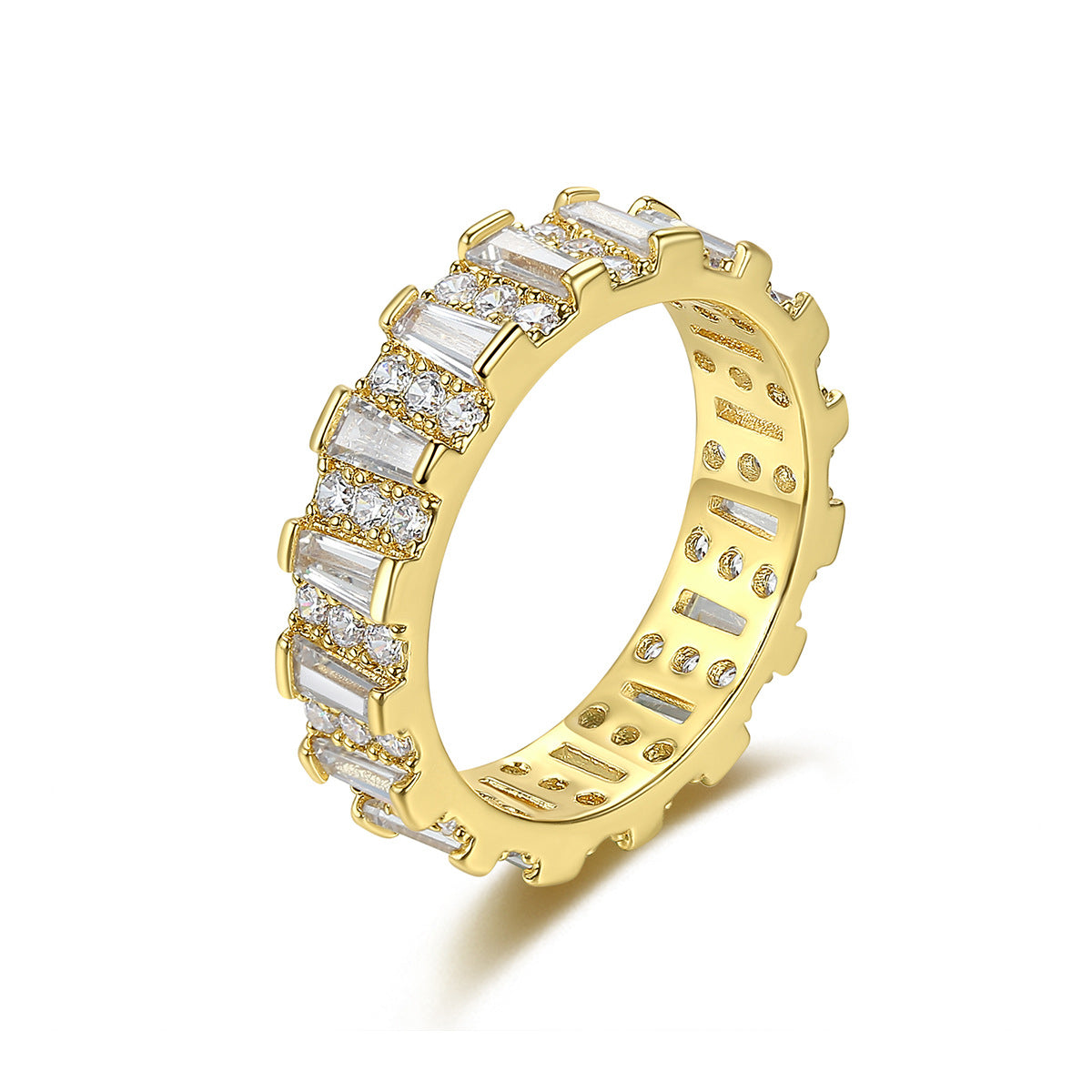 Crystal and Cubic Zriconia 18K Gold-Plated Bar Band Ring, gold statement rings for women, botanical inspired, front view