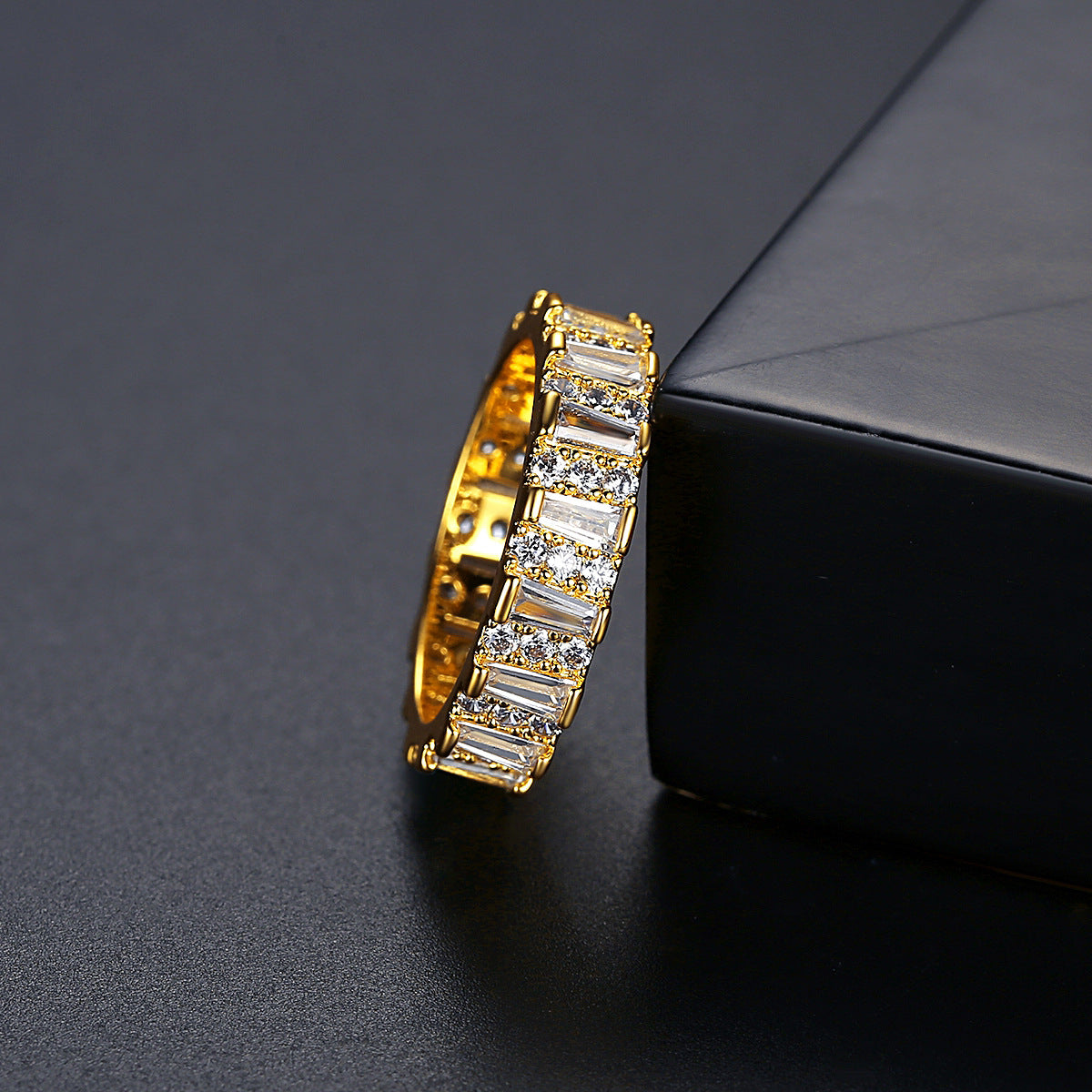 Crystal and Cubic Zriconia 18K Gold-Plated Bar Band Ring, gold statement rings for women, botanical inspired, side view