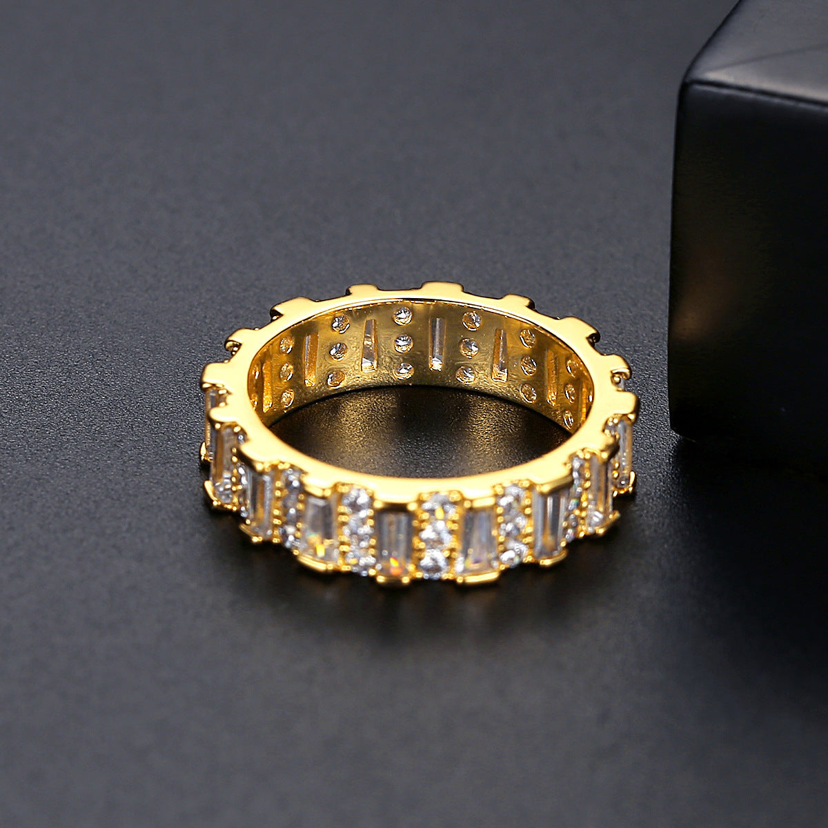 Crystal and Cubic Zriconia 18K Gold-Plated Bar Band Ring, gold statement rings for women, botanical inspired, detail close-up