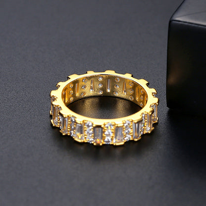 Crystal and Cubic Zriconia 18K Gold-Plated Bar Band Ring, gold statement rings for women, botanical inspired, detail close-up
