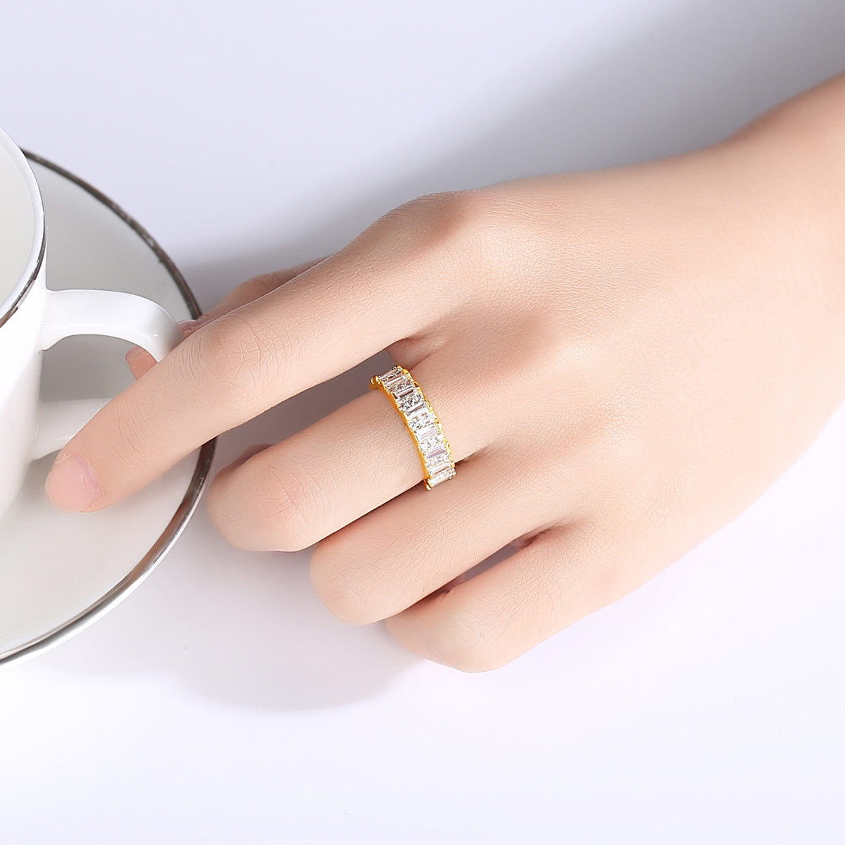 Crystal and Cubic Zriconia 18K Gold-Plated Bar Band Ring, gold statement rings for women, botanical inspired, lifestyle look