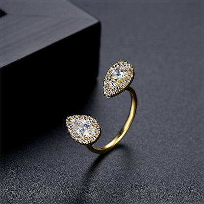 Crystal and Cubic Zirconia 18K Gold-Plated Drop Open Ring, gold statement rings for women, elegant gift for her, side view