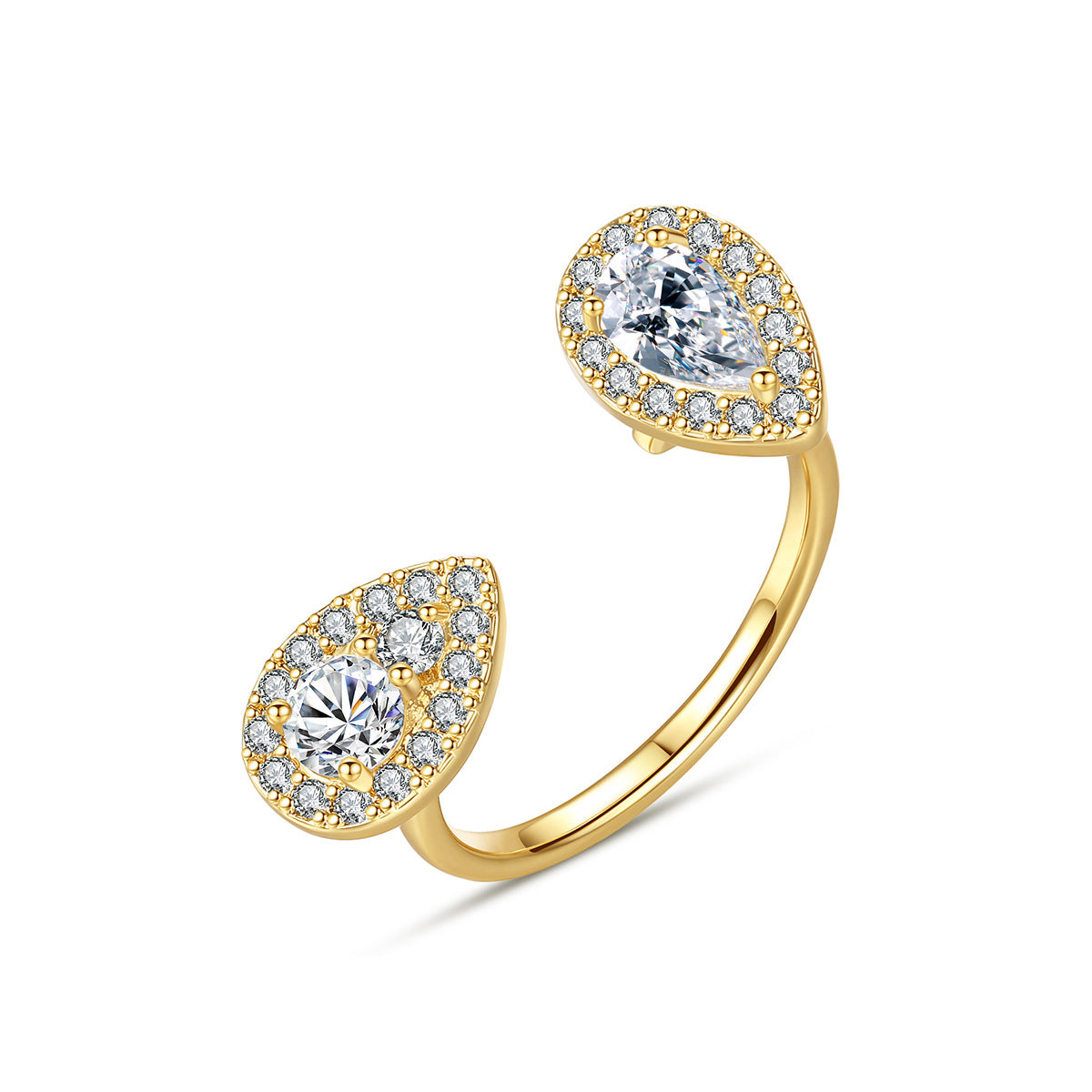 Crystal and Cubic Zirconia 18K Gold-Plated Drop Open Ring, gold statement rings for women, elegant gift for her, front view