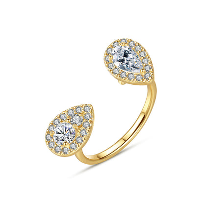 Crystal and Cubic Zirconia 18K Gold-Plated Drop Open Ring, gold statement rings for women, elegant gift for her, front view