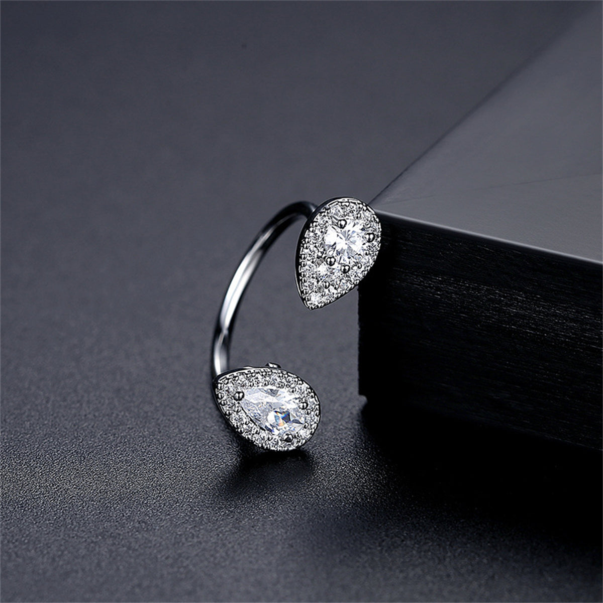 Crystal and Cubic Zirconia Silver-Plated Drop Open Ring, silver statement rings for women, vintage-inspired design, side view