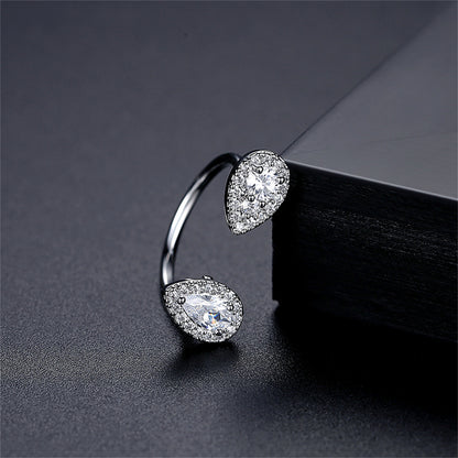 Crystal and Cubic Zirconia Silver-Plated Drop Open Ring, silver statement rings for women, vintage-inspired design, side view