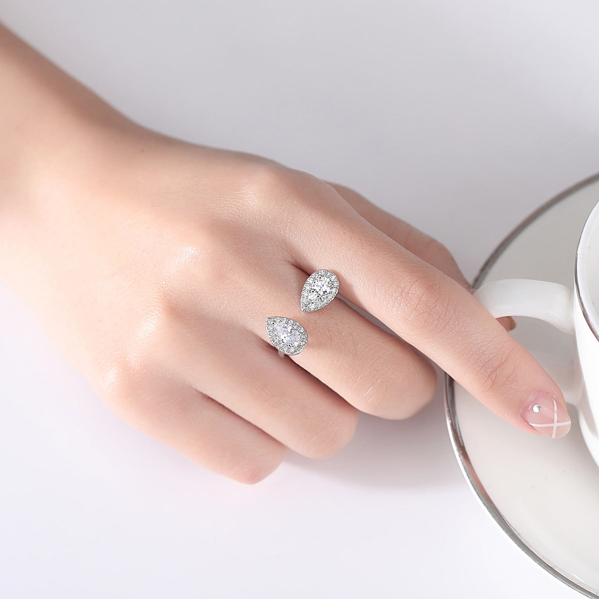 Crystal and Cubic Zirconia Silver-Plated Drop Open Ring, silver statement rings for women, front view