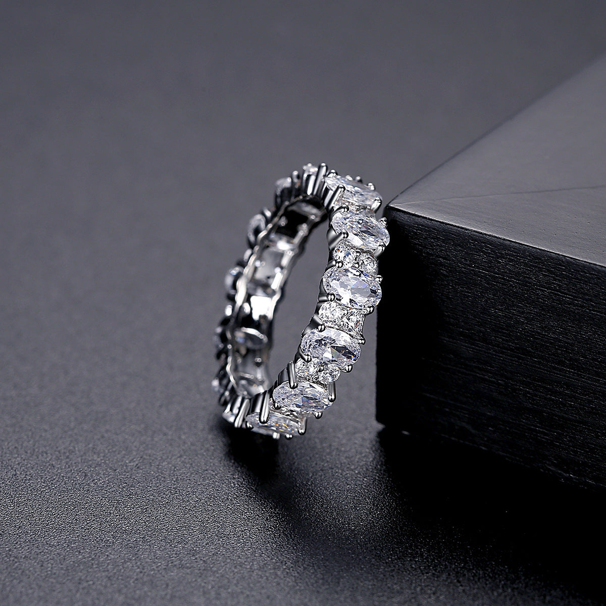 Oval-Cut Crystal and Cubic Zirconia Silver-Plated Band Ring, silver statement rings for women, side view