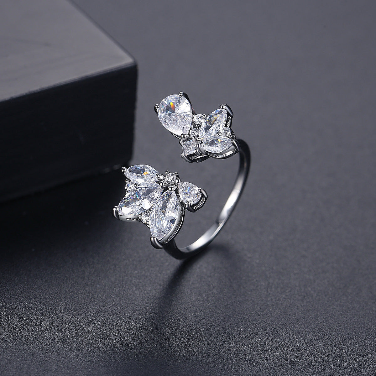 Crystal and Cubic Zirconia Marquise-Cut Open Ring, statement rings for women, dainty minimalist design, front view