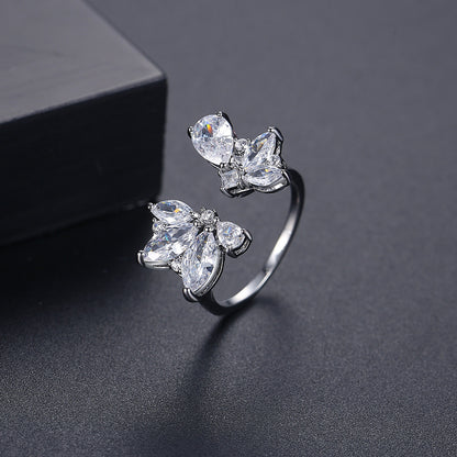 Crystal and Cubic Zirconia Marquise-Cut Open Ring, statement rings for women, dainty minimalist design, front view