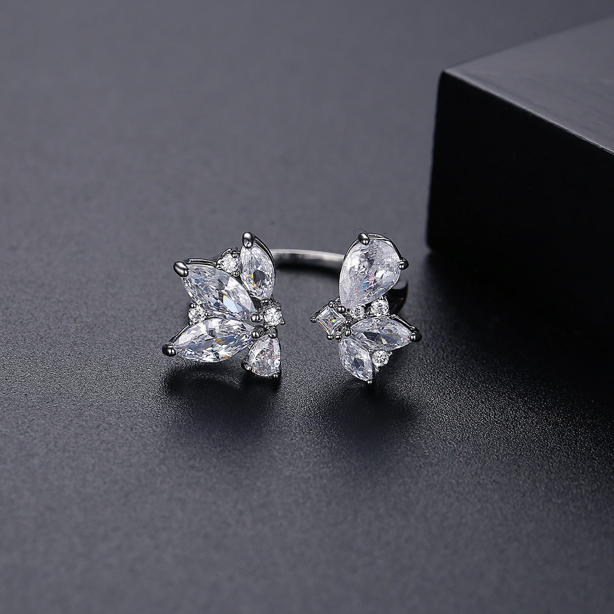 Crystal and Cubic Zirconia Marquise-Cut Open Ring, statement rings for women, dainty minimalist design, detail close-up