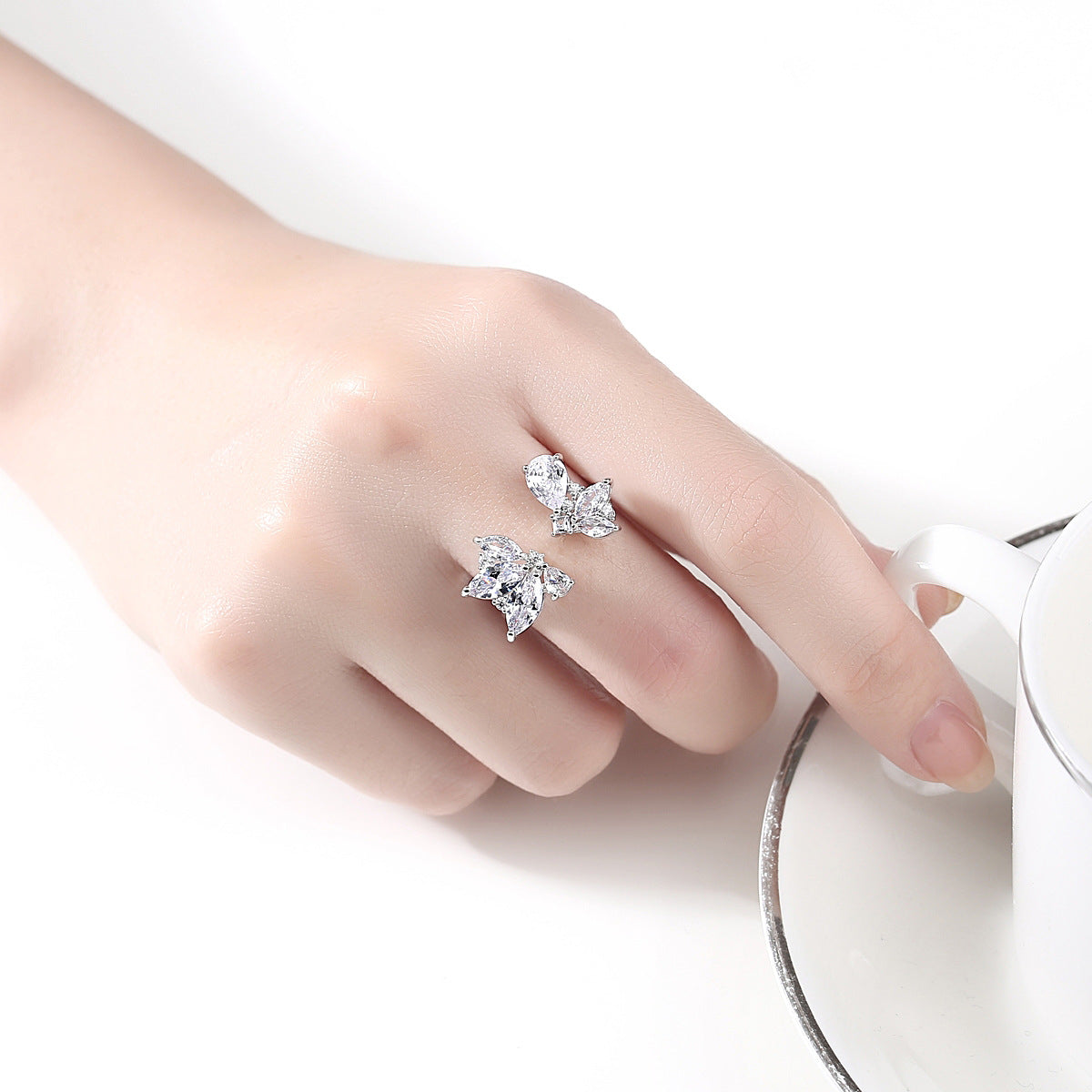 Crystal and Cubic Zirconia Marquise-Cut Open Ring, statement rings for women, dainty minimalist design, side view