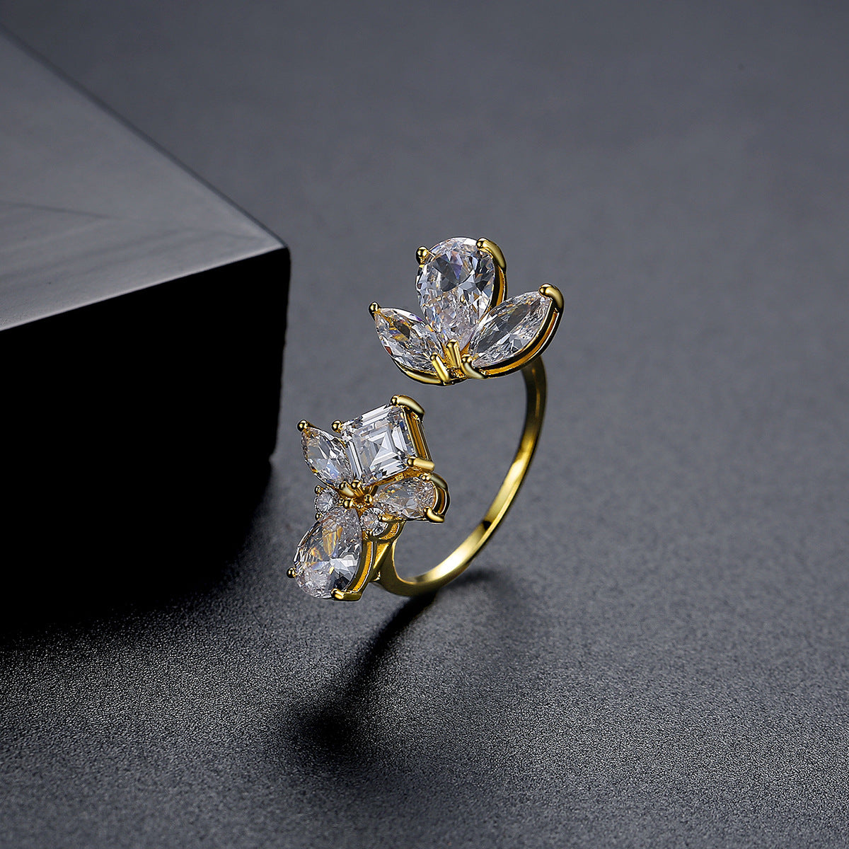 Crystal and Cubic Zirconia 18K Gold-Plated Pear-Cut Bypass Ring, gold statement rings for women, side view