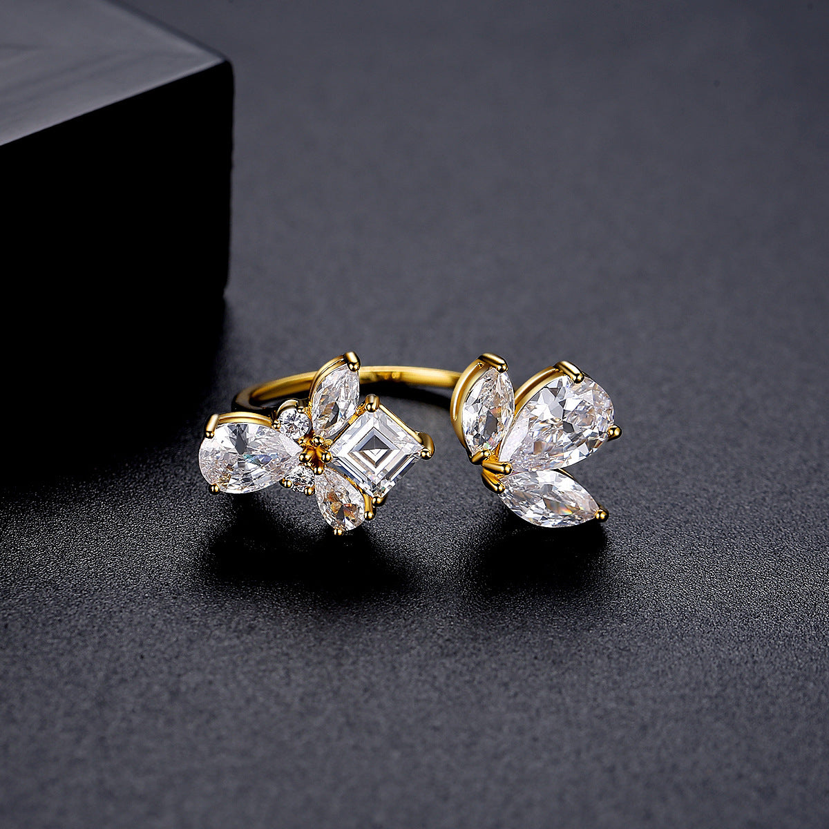 Crystal and Cubic Zirconia 18K Gold-Plated Pear-Cut Bypass Ring, gold statement rings for women, detail close-up