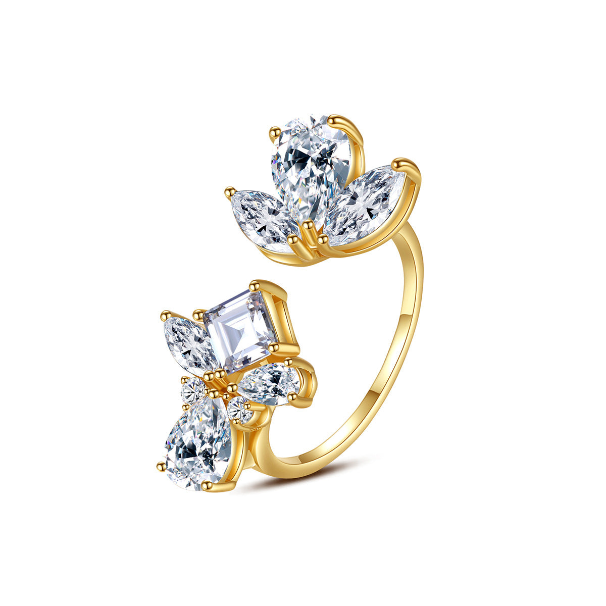 Crystal and Cubic Zirconia 18K Gold-Plated Pear-Cut Bypass Ring, gold statement rings for women, front view