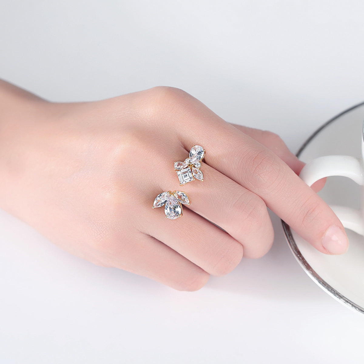 Crystal and Cubic Zirconia 18K Gold-Plated Pear-Cut Bypass Ring, gold statement rings for women, lifestyle look