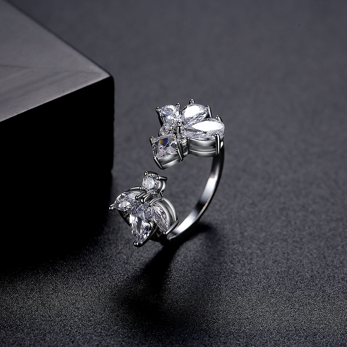 Crystal and Cubic Zirconia Silver-Plated Pear-Cut Open Ring, silver statement rings for women, side view