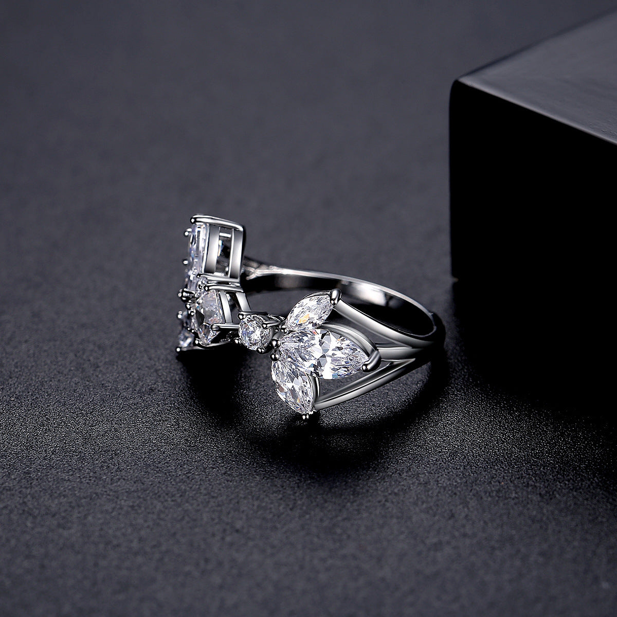 Crystal and Cubic Zirconia Silver-Plated Pear-Cut Open Ring, silver statement rings for women, detail close-up