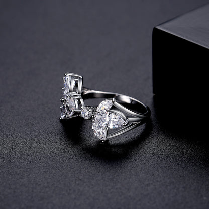 Crystal and Cubic Zirconia Silver-Plated Pear-Cut Open Ring, silver statement rings for women, detail close-up