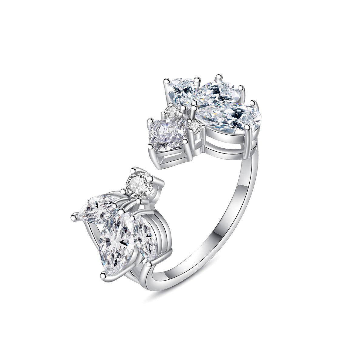 Crystal and Cubic Zirconia Silver-Plated Pear-Cut Open Ring, silver statement rings for women, front view