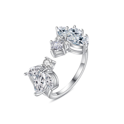 Crystal and Cubic Zirconia Silver-Plated Pear-Cut Open Ring, silver statement rings for women, front view