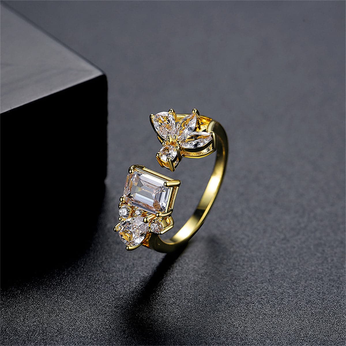 Crystal and Cubic Zirconia 18K Gold-Plated Botanical Open Ring, gold statement rings for women, side view