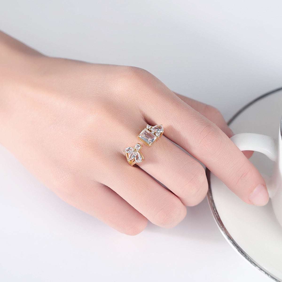 Crystal and Cubic Zirconia 18K Gold-Plated Botanical Open Ring, gold statement rings for women, detail close-up