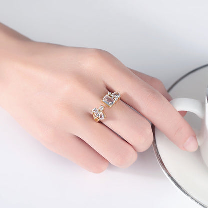 Crystal and Cubic Zirconia 18K Gold-Plated Botanical Open Ring, gold statement rings for women, detail close-up