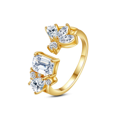 Crystal and Cubic Zirconia 18K Gold-Plated Botanical Open Ring, gold statement rings for women, front view