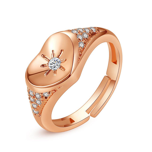 Cubic Zirconia and 18K Rose Gold-Plated Star Heart Adjustable Ring, rose gold statement rings for women, front view