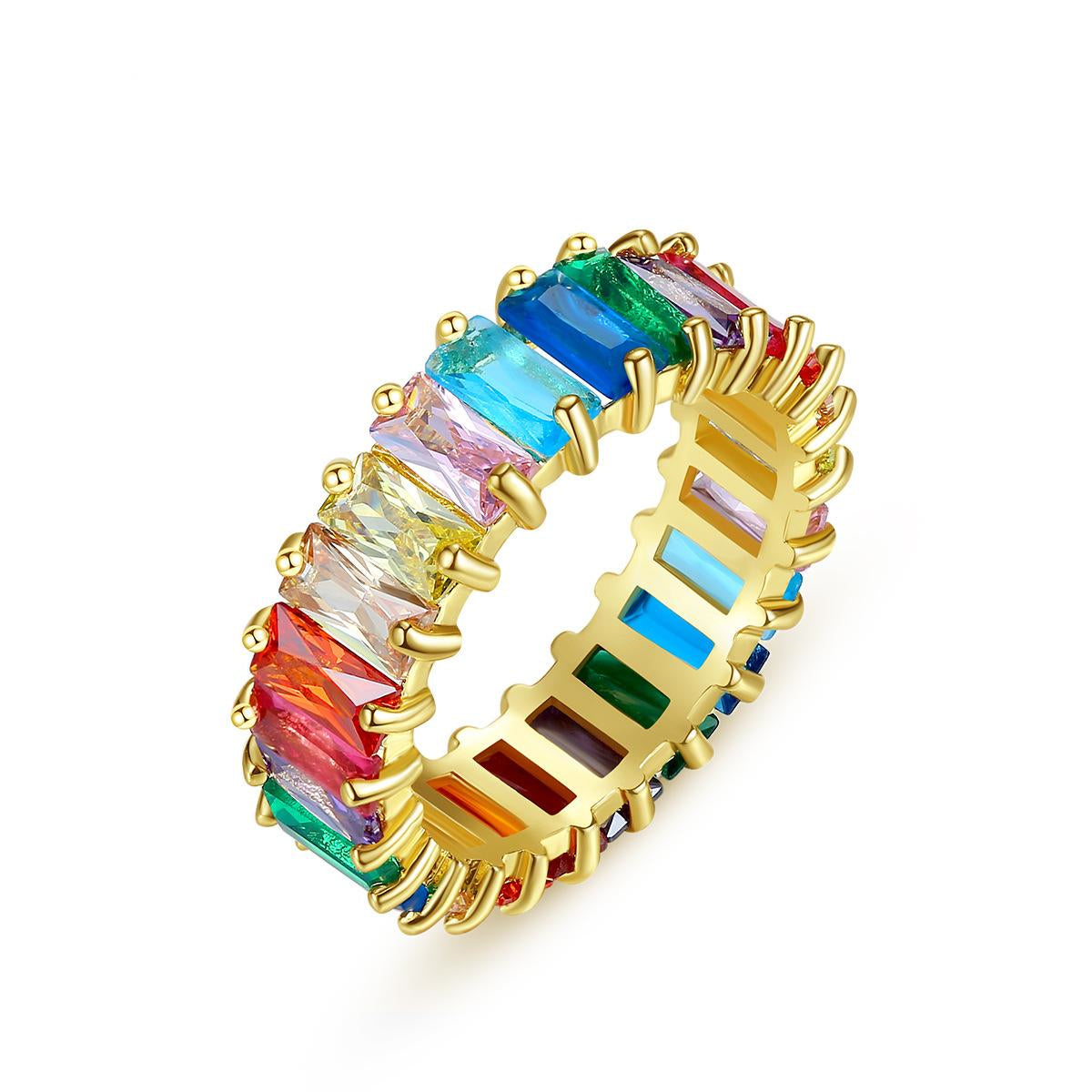 Blue Rainbow Crystal and 18K Gold-Plated Band Ring, gold statement rings for women, dainty minimalist design, side view