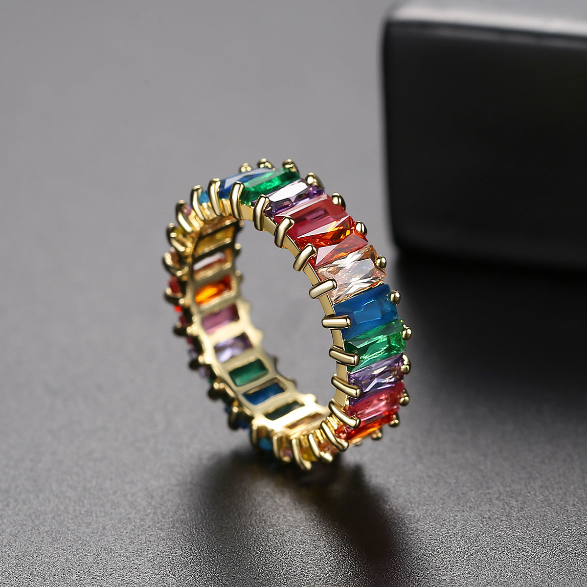Blue Rainbow Crystal and 18K Gold-Plated Band Ring, gold statement rings for women, dainty minimalist design, detail close-up