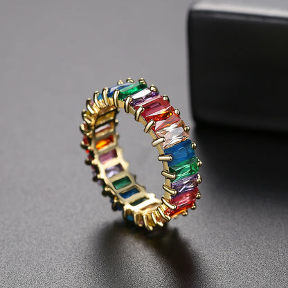 Blue Rainbow Crystal and 18K Gold-Plated Band Ring, gold statement rings for women, dainty minimalist design, detail close-up