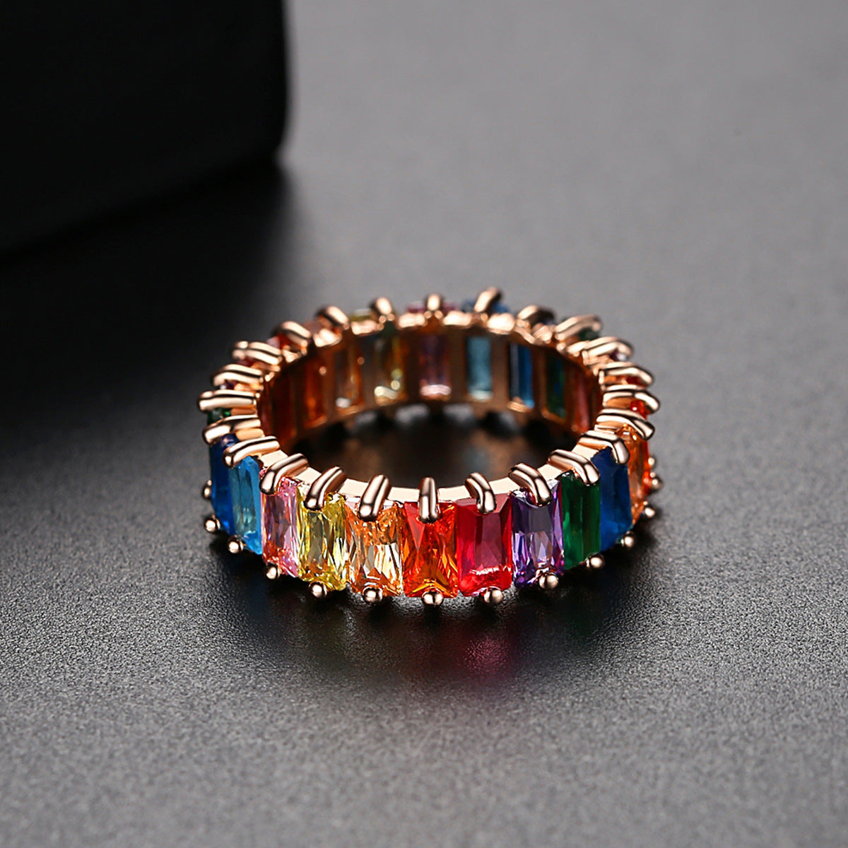 Blue Rainbow Crystal and 18K Gold-Plated Band Ring, gold statement rings for women, dainty minimalist design, lifestyle look
