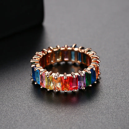 Blue Rainbow Crystal and 18K Gold-Plated Band Ring, gold statement rings for women, dainty minimalist design, lifestyle look