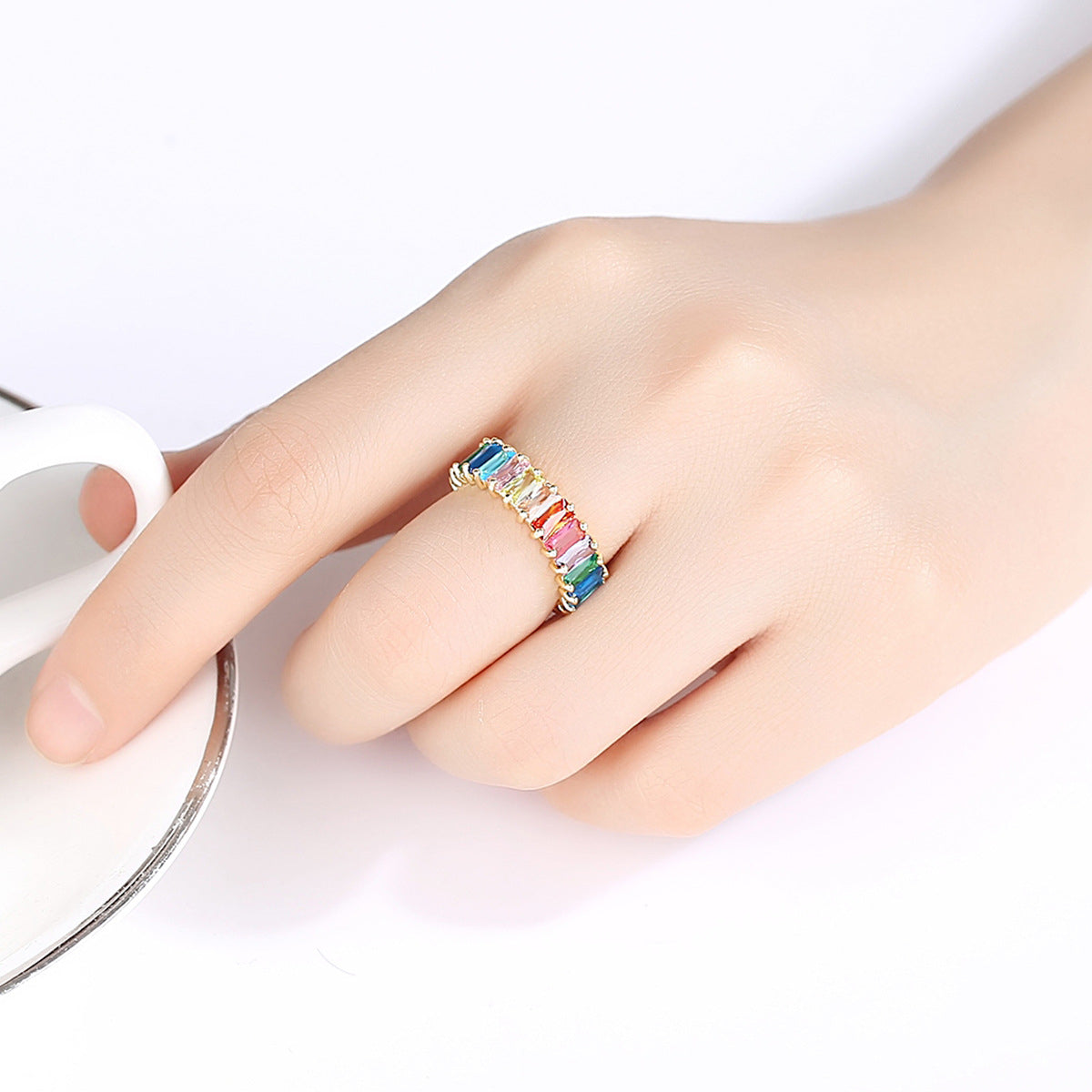 Blue Rainbow Crystal and 18K Gold-Plated Band Ring, gold statement rings for women, dainty minimalist design, front view
