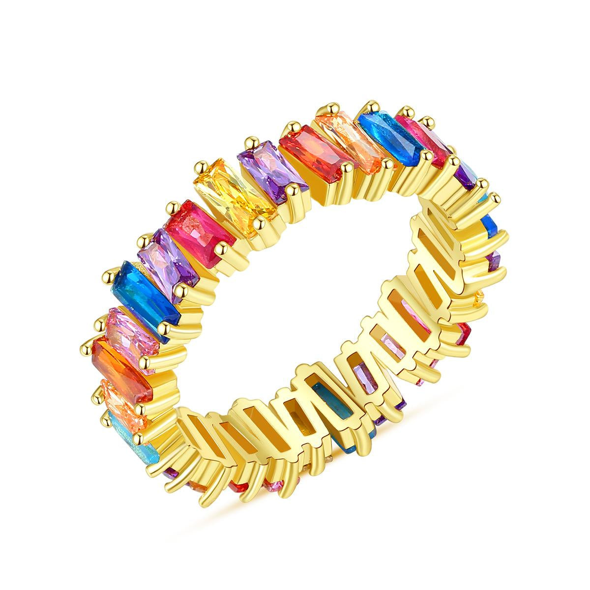 Multicolor Crystal and 18K Gold-Plated Baguette-Cut Ladder Band, gold statement rings for women, everyday style, front view