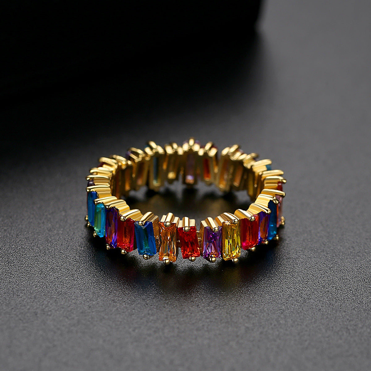 Multicolor Crystal and 18K Gold-Plated Baguette-Cut Ladder Band, gold statement rings for women, everyday style, side view